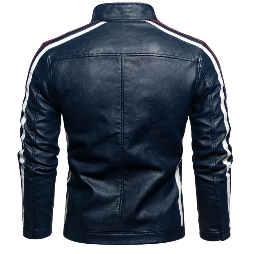 Man wearing the Kouvr Jayce Men's Navy Blue Leather Racer Jacket with embroidered patches and white stripes.