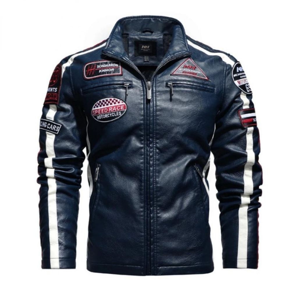Navy Blue kouvr leather jacket with racing-themed patches on a white background