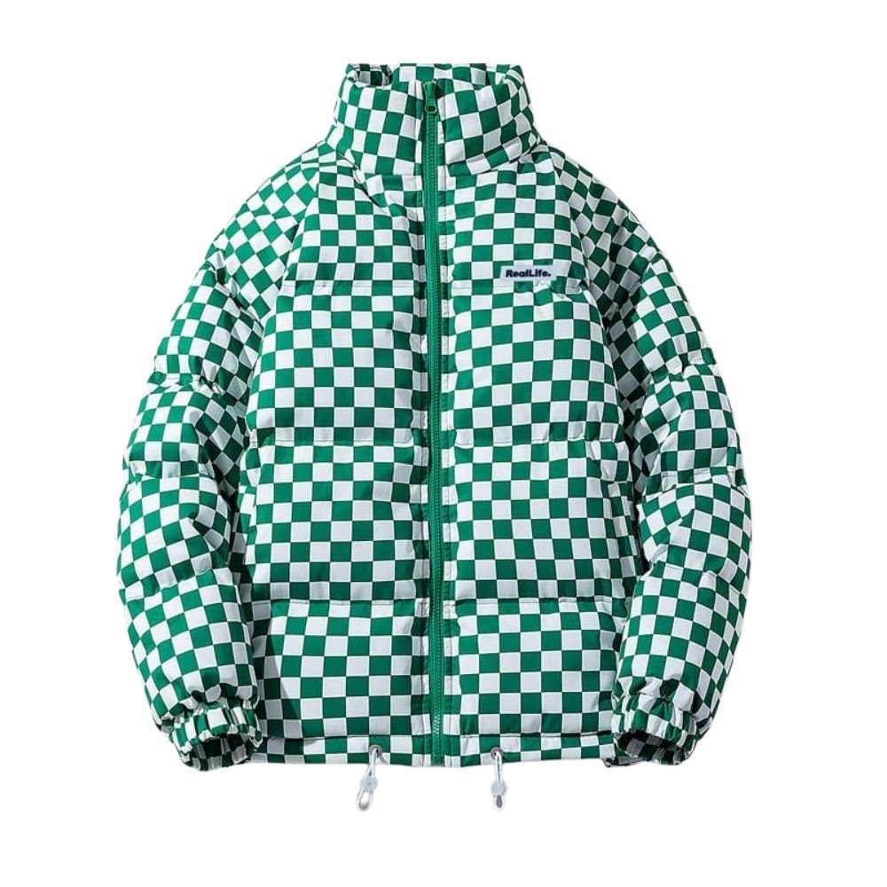 Kouvr Jaydon Men's Green and White Checkered Puffer Jacket with Stand Collar