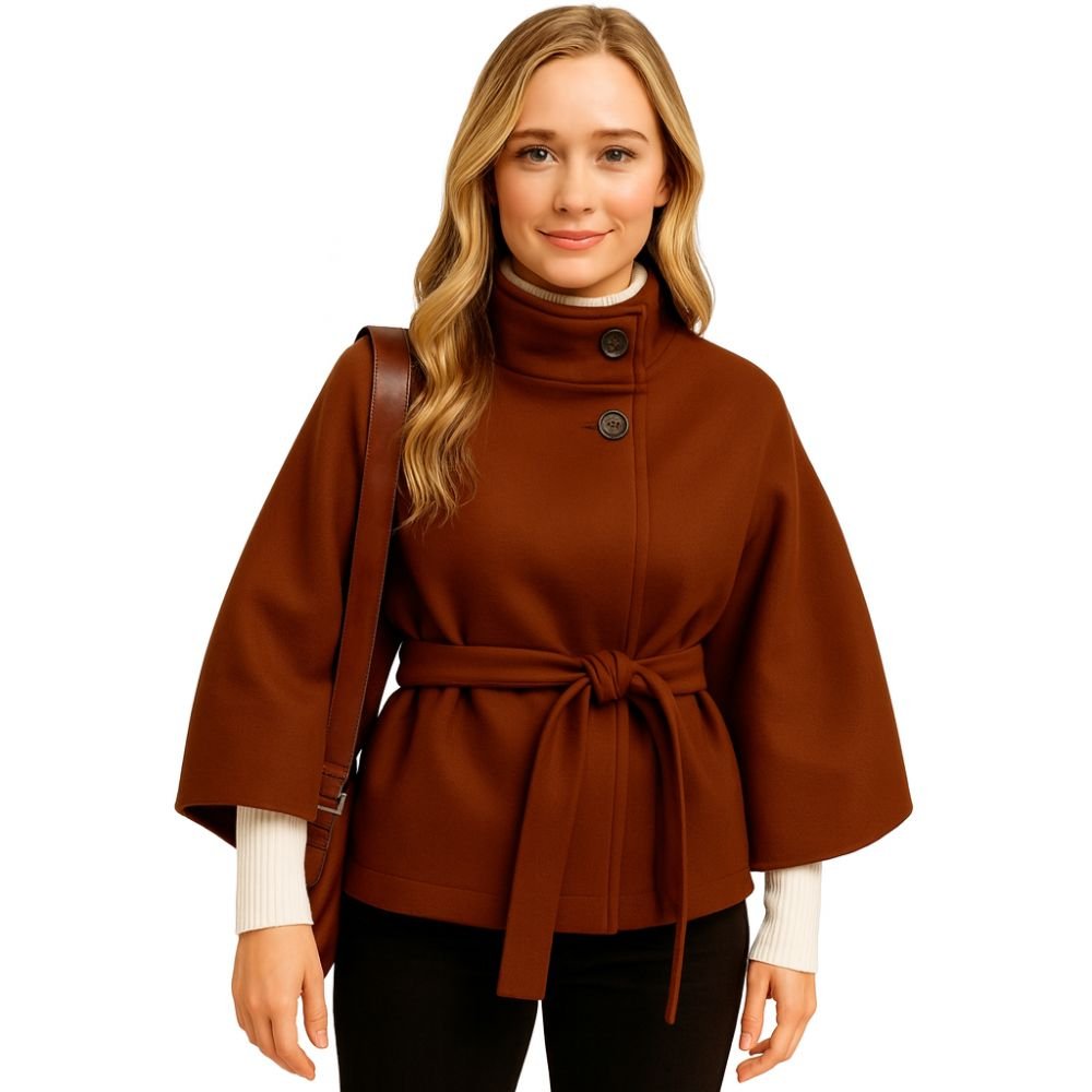 Model from the back wearing the Kouvr Jaye Belted Cape Jacket in Brown, showcasing the wide sleeves and tie-waist detail