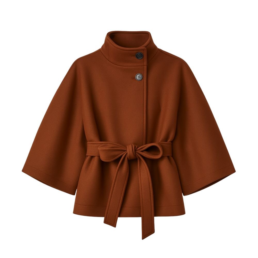 Model from the back wearing the Kouvr Jaye Belted Cape Jacket in Brown, showcasing the wide sleeves and tie-waist detail