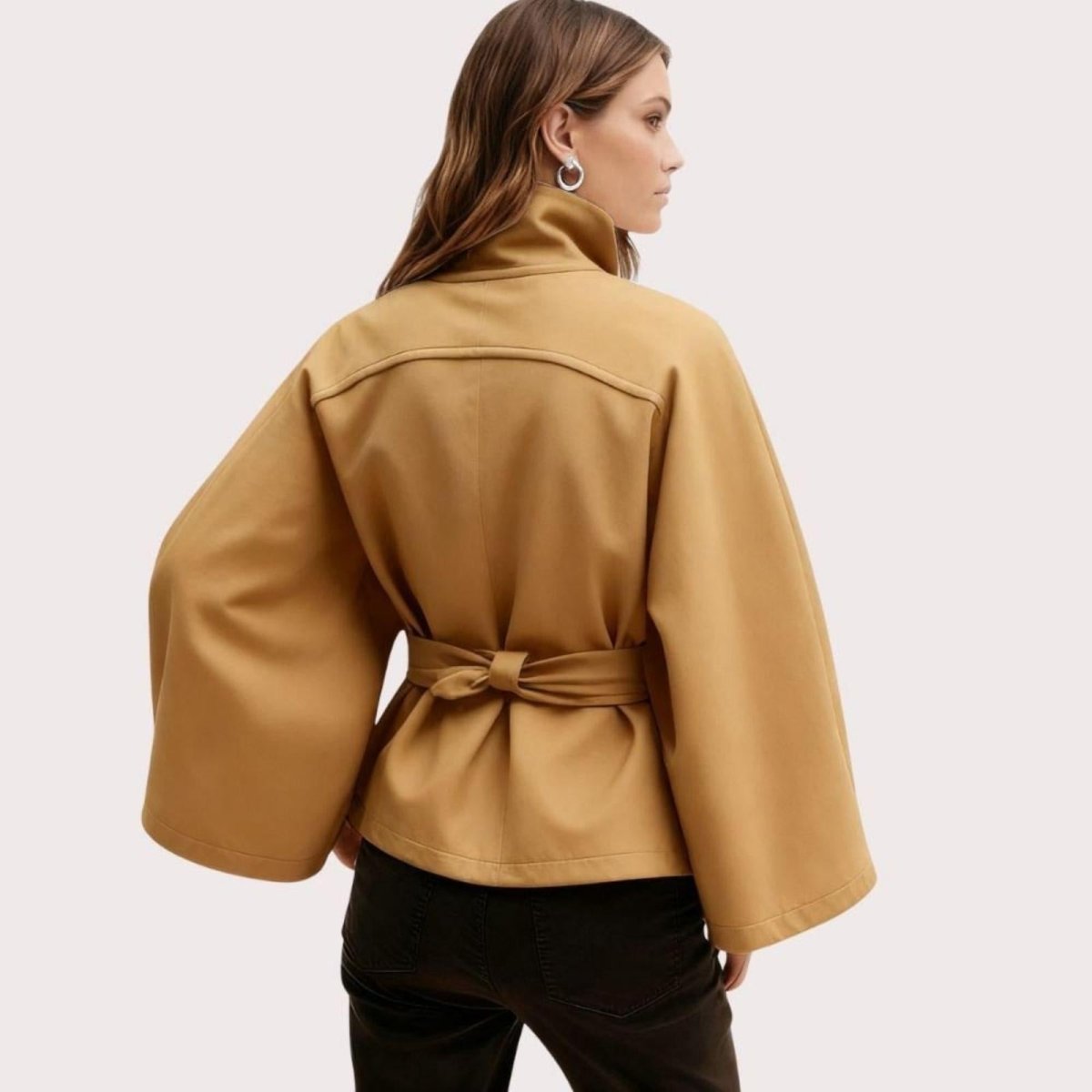 Kouvr Jaye Women's Belted Cape Jacket in Khaki with Funnel Neck