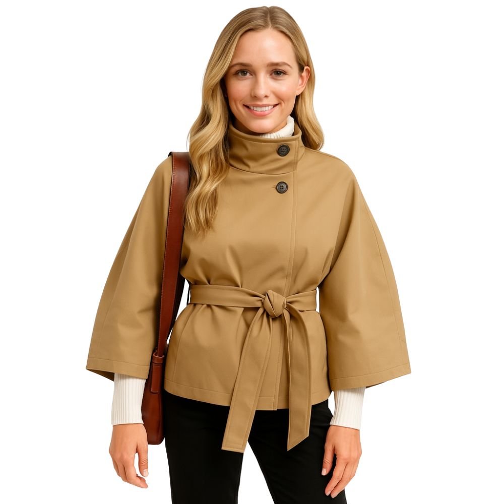 Kouvr Jaye Women's Belted Cape Jacket in Khaki with Funnel Neck