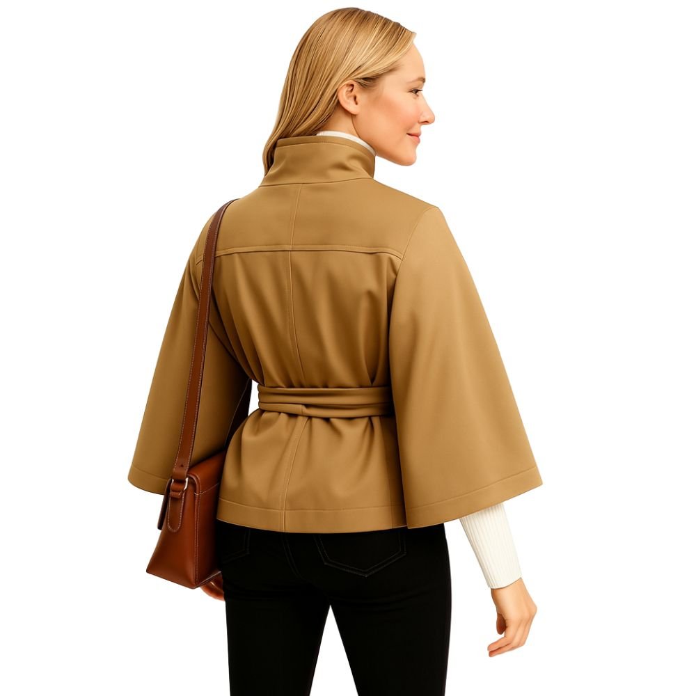Kouvr Jaye Women's Belted Cape Jacket in Khaki with Funnel Neck