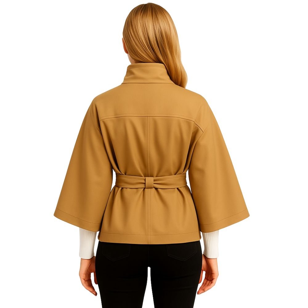 Kouvr Jaye Women's Belted Cape Jacket in Khaki with Funnel Neck
