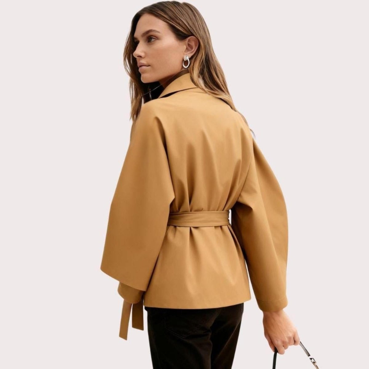 Kouvr Jaye Women's Belted Cape Jacket in Khaki with Funnel Neck