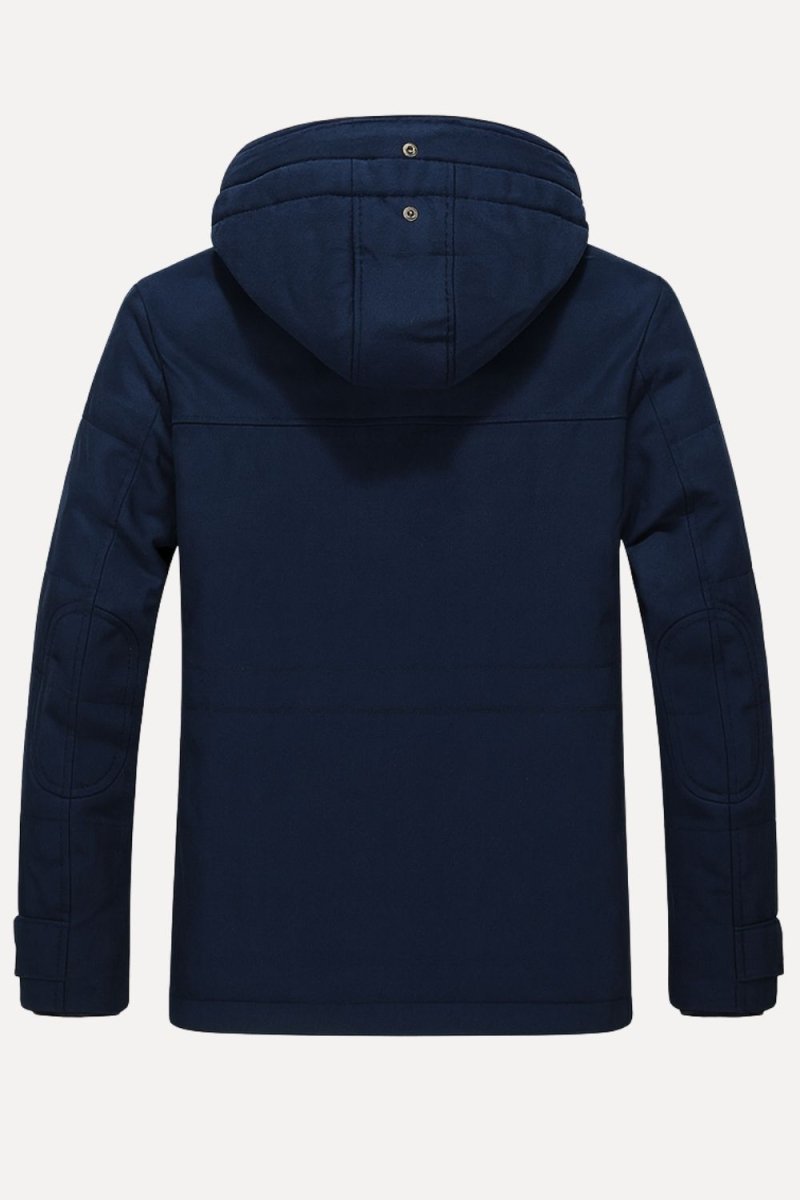 Navy blue Kouvr hooded jacket on a white background