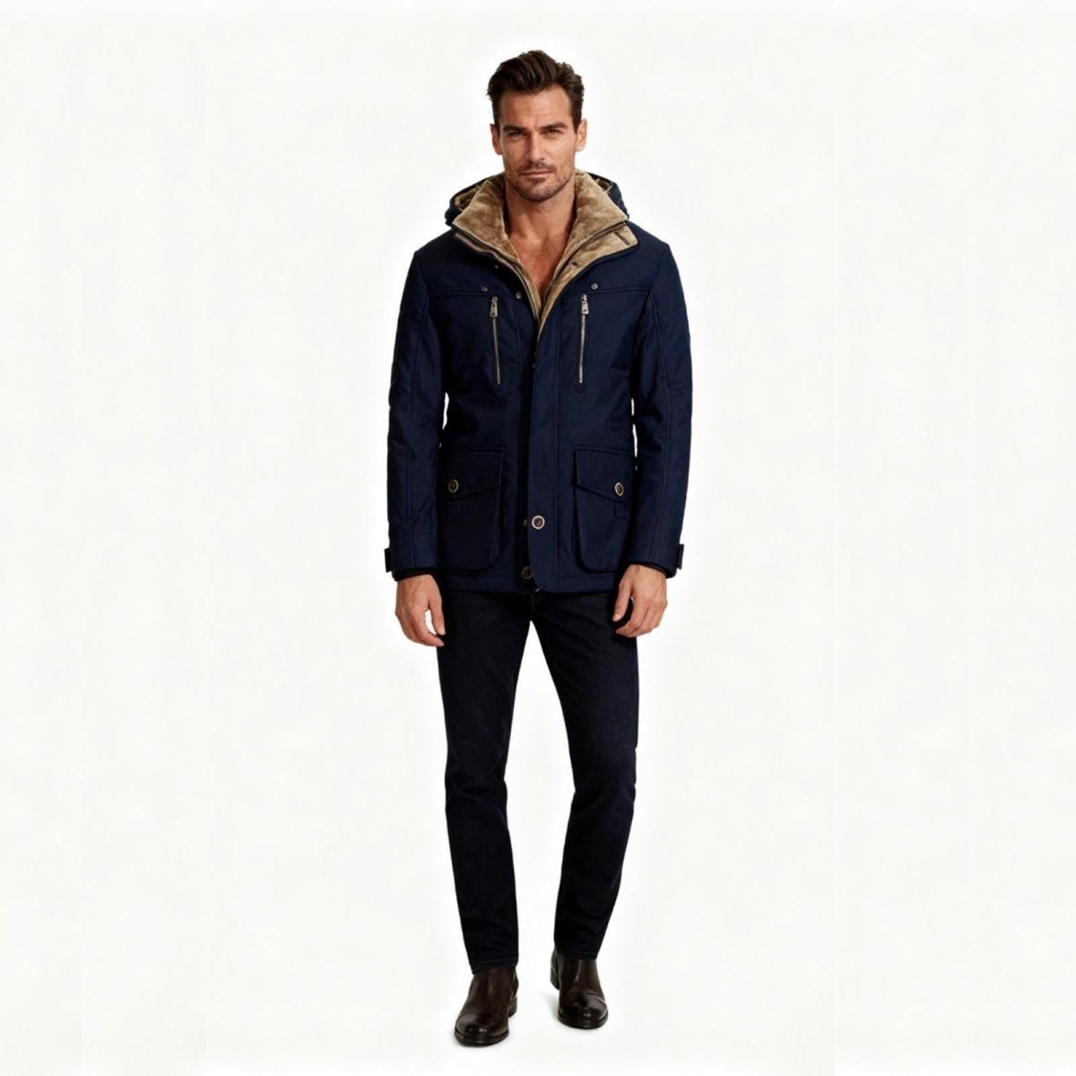 Man wearing a kouvr navy blue jacket with a fur-lined hood on a white background