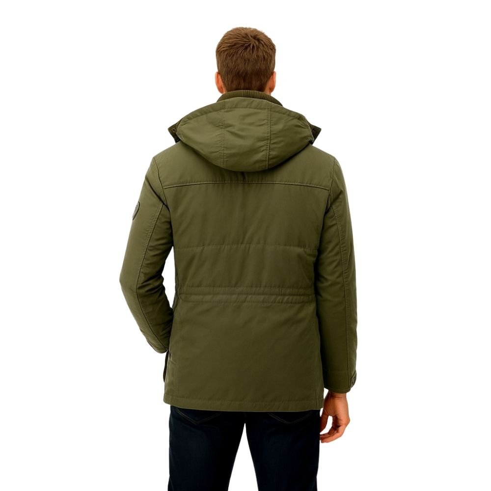 Front view of Kouvr men's green sherpa lined winter parka with hood up