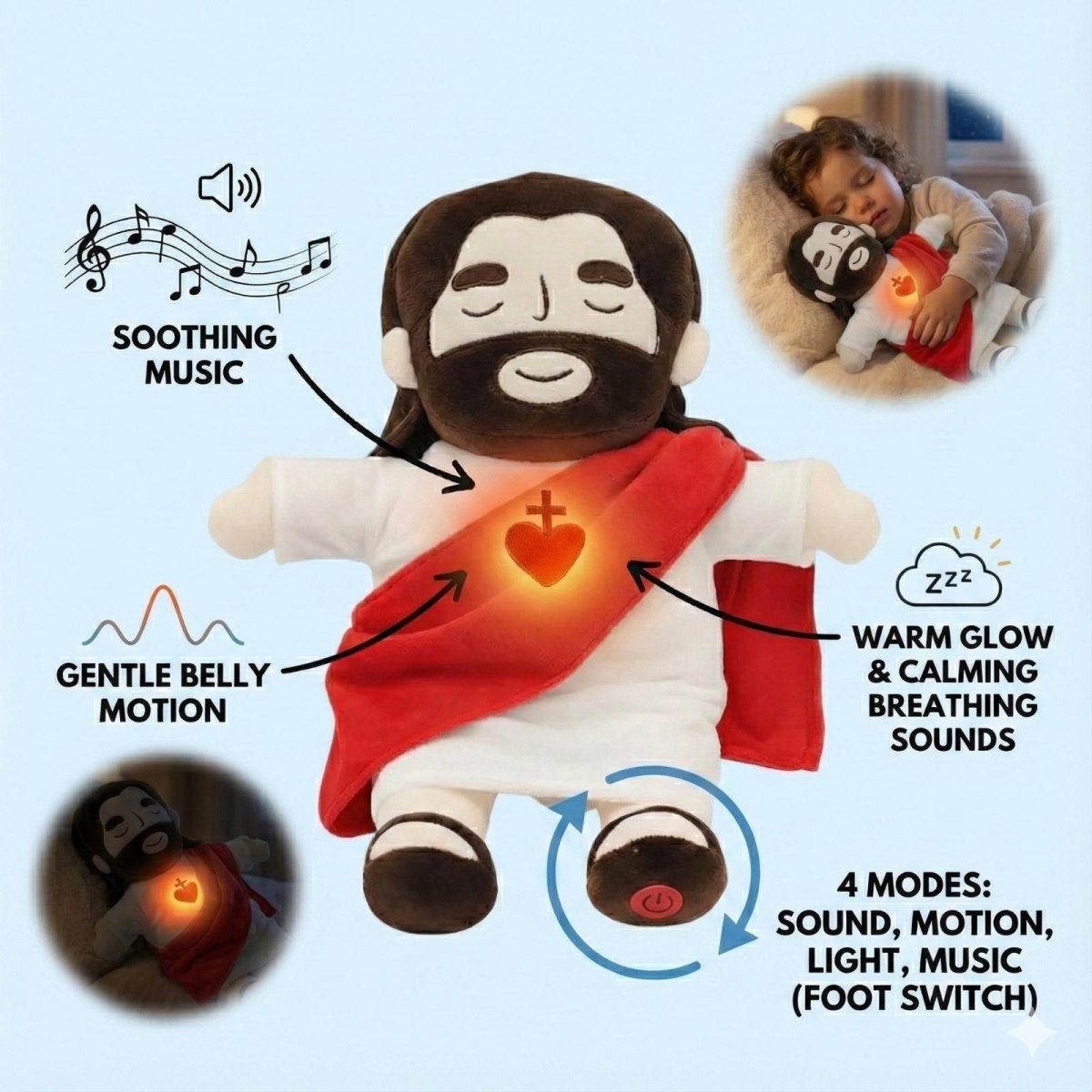 Infographic showing the features of the Kouvr Jesus soother doll including soothing music, gentle belly motion, warm glow, and foot switch.