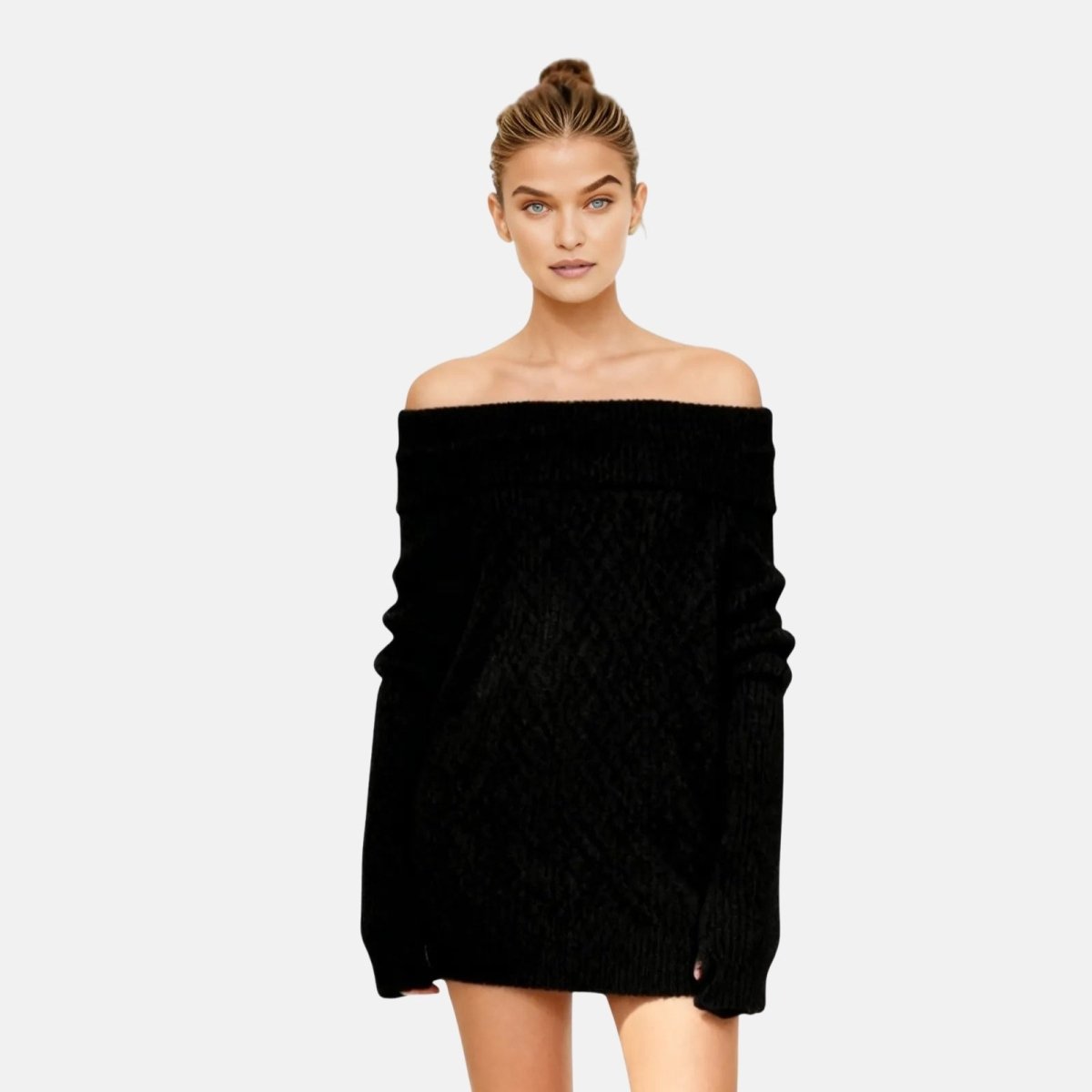 Woman wearing a black off-shoulder sweater on a white background