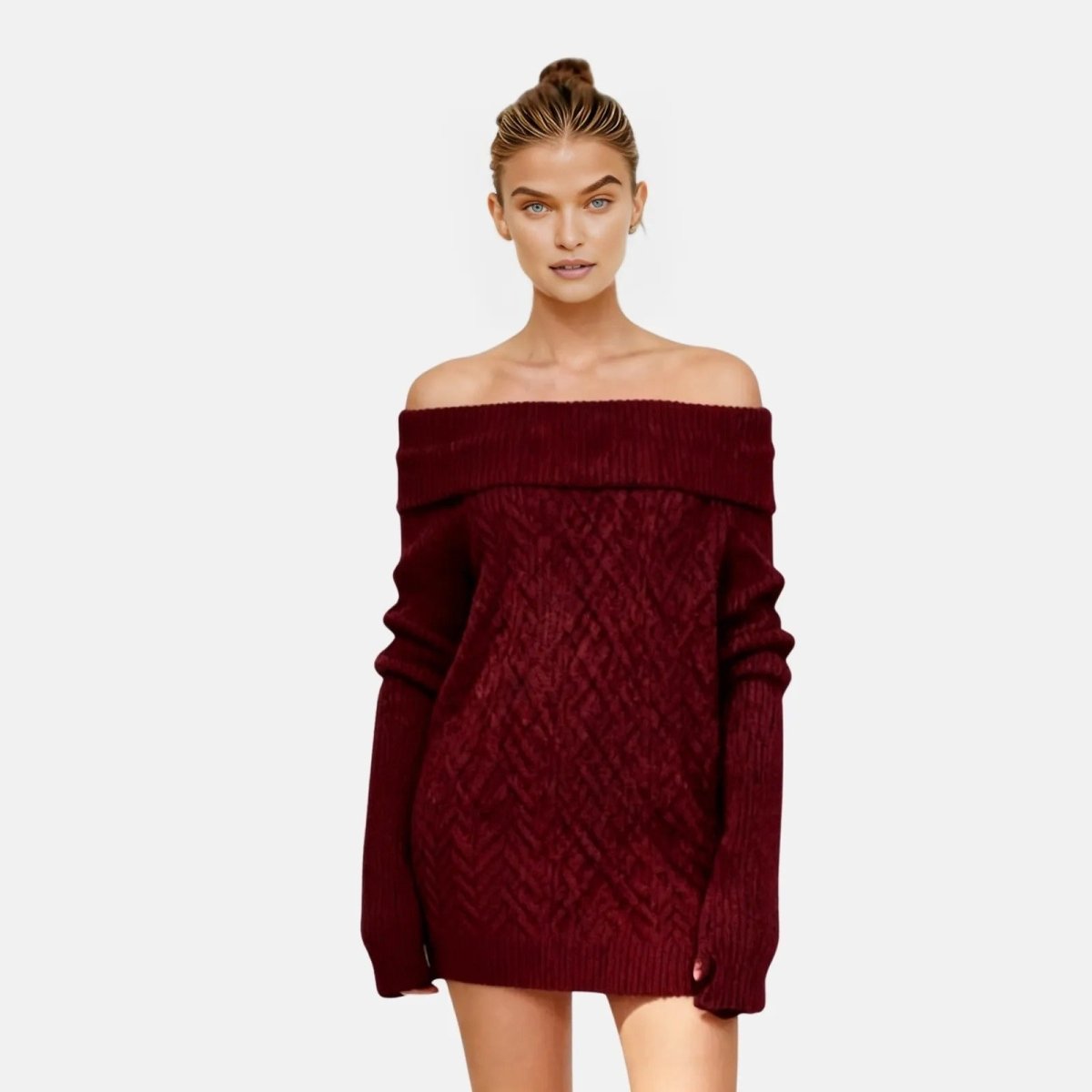 Woman wearing a burgundy off-shoulder sweater on a white background