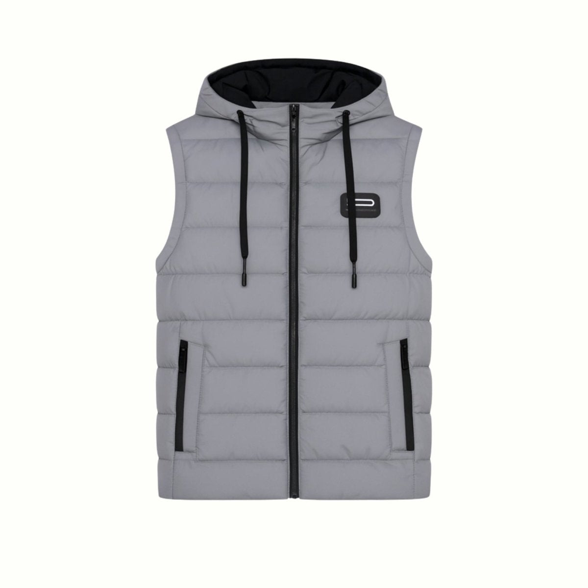 Flat lay product shot of the front of the Kouvr Men's Hooded Puffer Vest in grey, detailing the zip closure, black drawstrings, and logo patch.