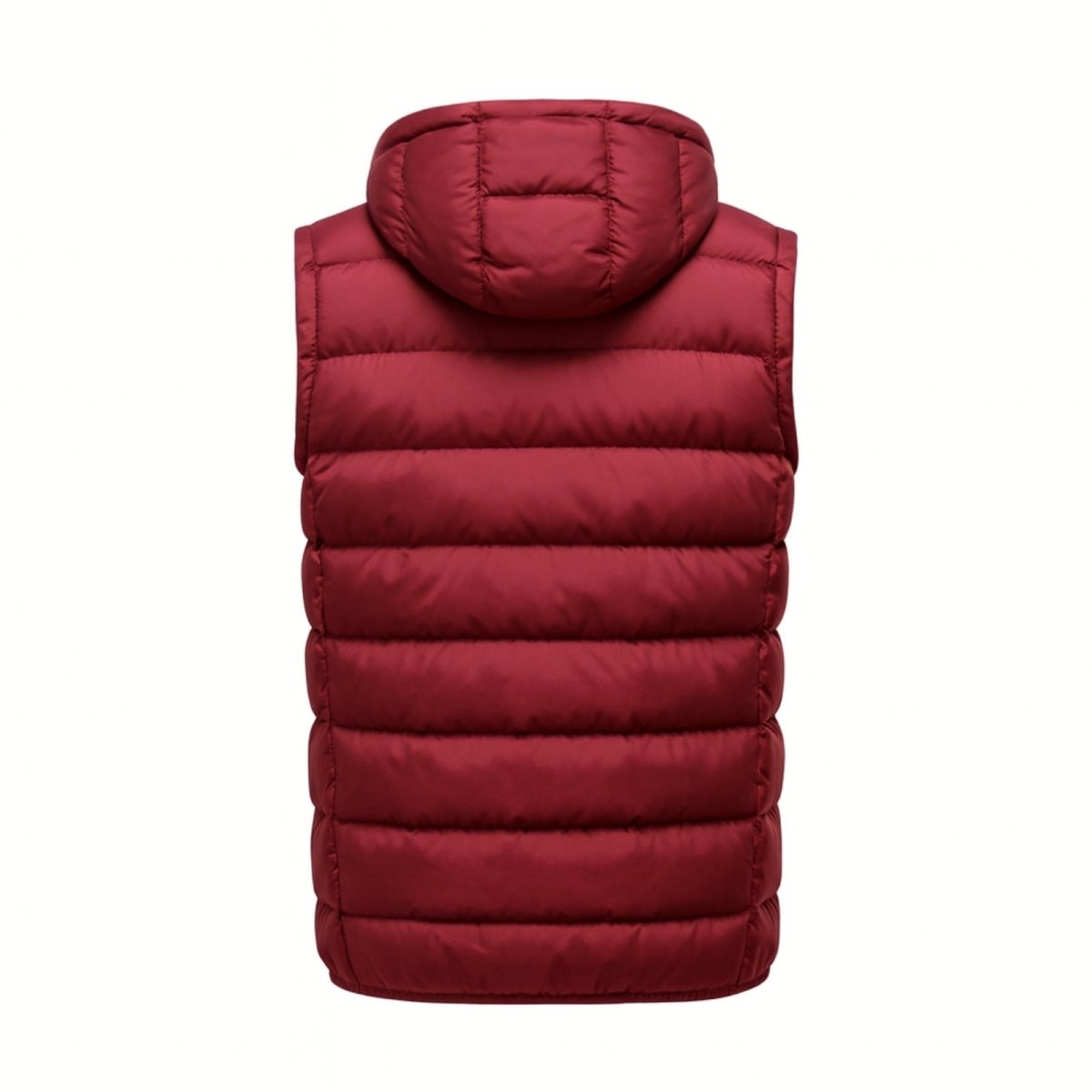 Close-up of the upper chest and hood area of the Kouvr Jomari Vest, showing the zipper, brand plaque, and fabric sheen.