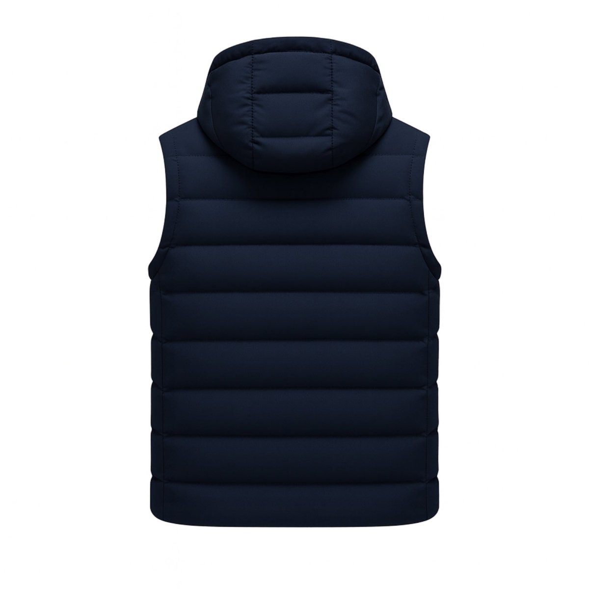 Product-only studio shot of the back of the Kouvr Jomari men's navy hooded puffer vest.
