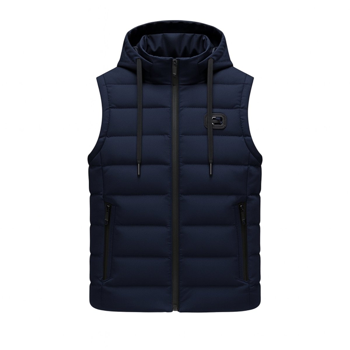 Product-only studio shot of the Kouvr Jomari men's navy hooded puffer vest, zipped up.