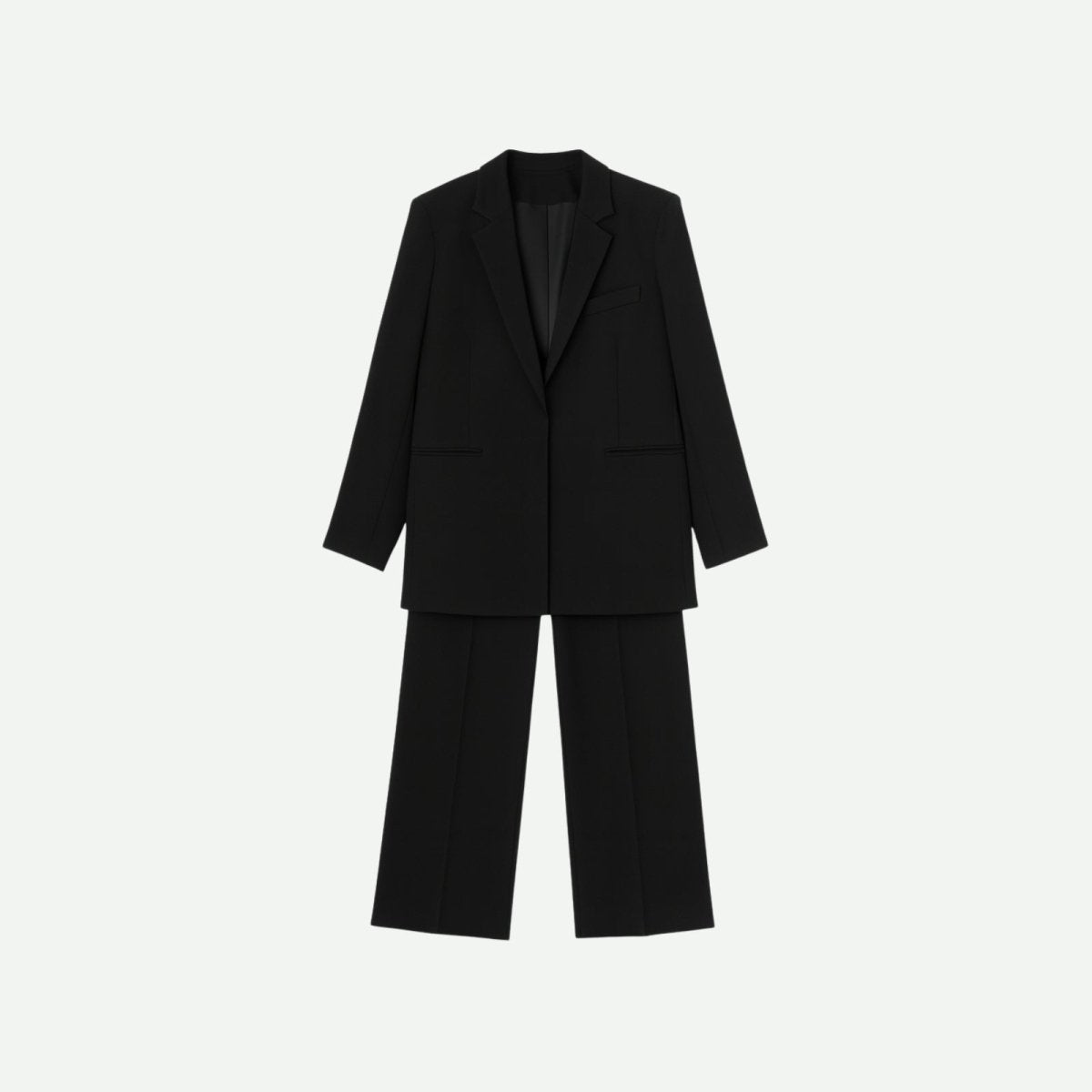 Flat lay of the Kouvr Fashion women's black suit, showing the front of the single-breasted blazer and matching wide-leg pants on a white background.