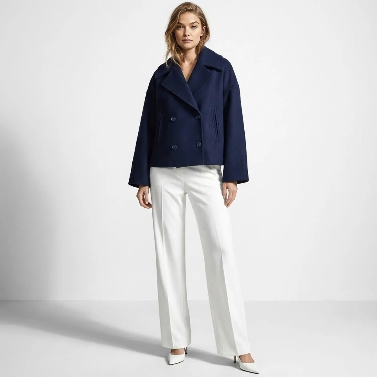 A model wearing the Kouvr Katherine navy cropped wool peacoat, styled with high-waisted white wide-leg trousers and white heels.