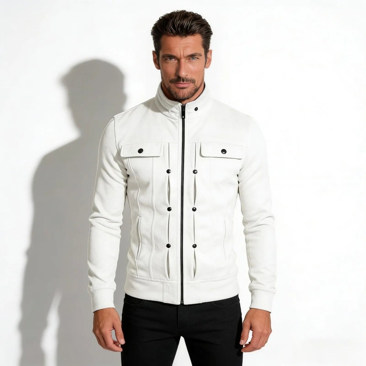 Model wearing the Kouvr Kent men's slim fit white structured jacket with a stand collar and black zipper, viewed from the front.