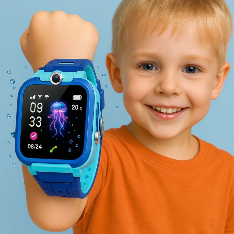 Child wearing a blue smartwatch with a colorful display against a blue background