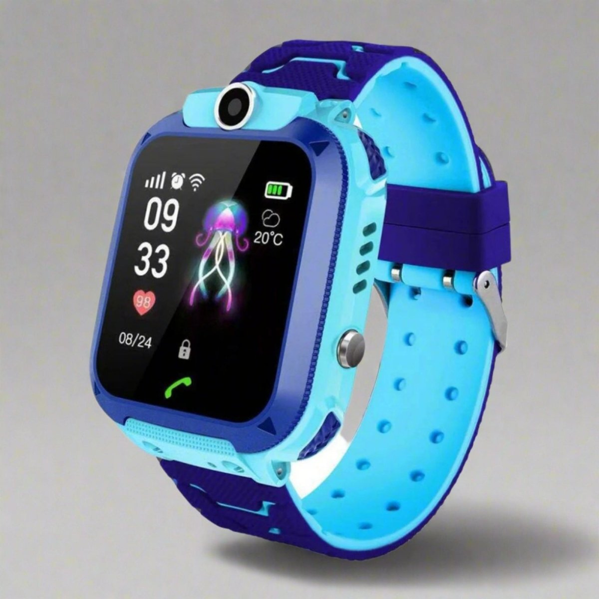 Smartwatch with a blue strap on a gray background