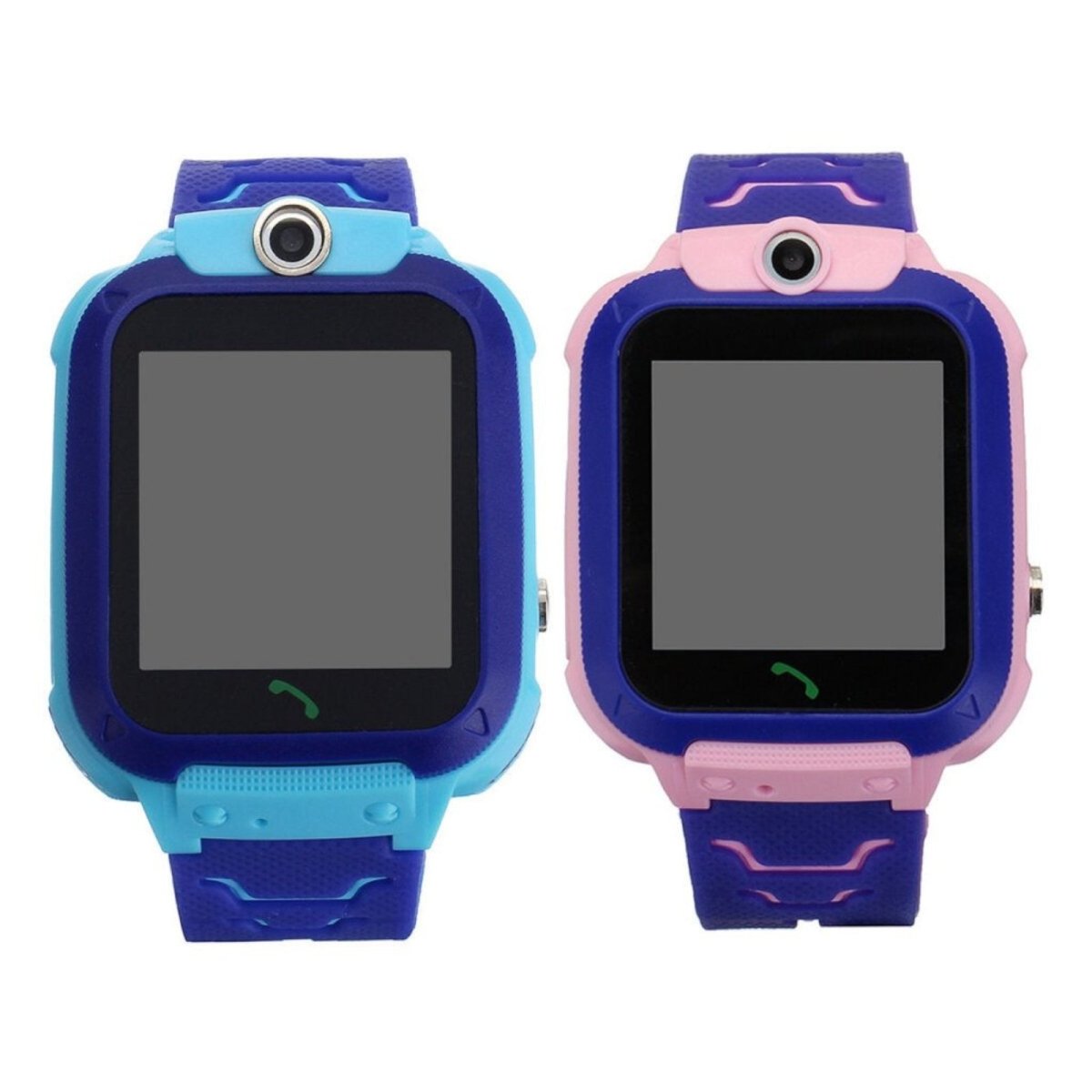 Two children's smartwatches, one blue and one pink, on a white background.
