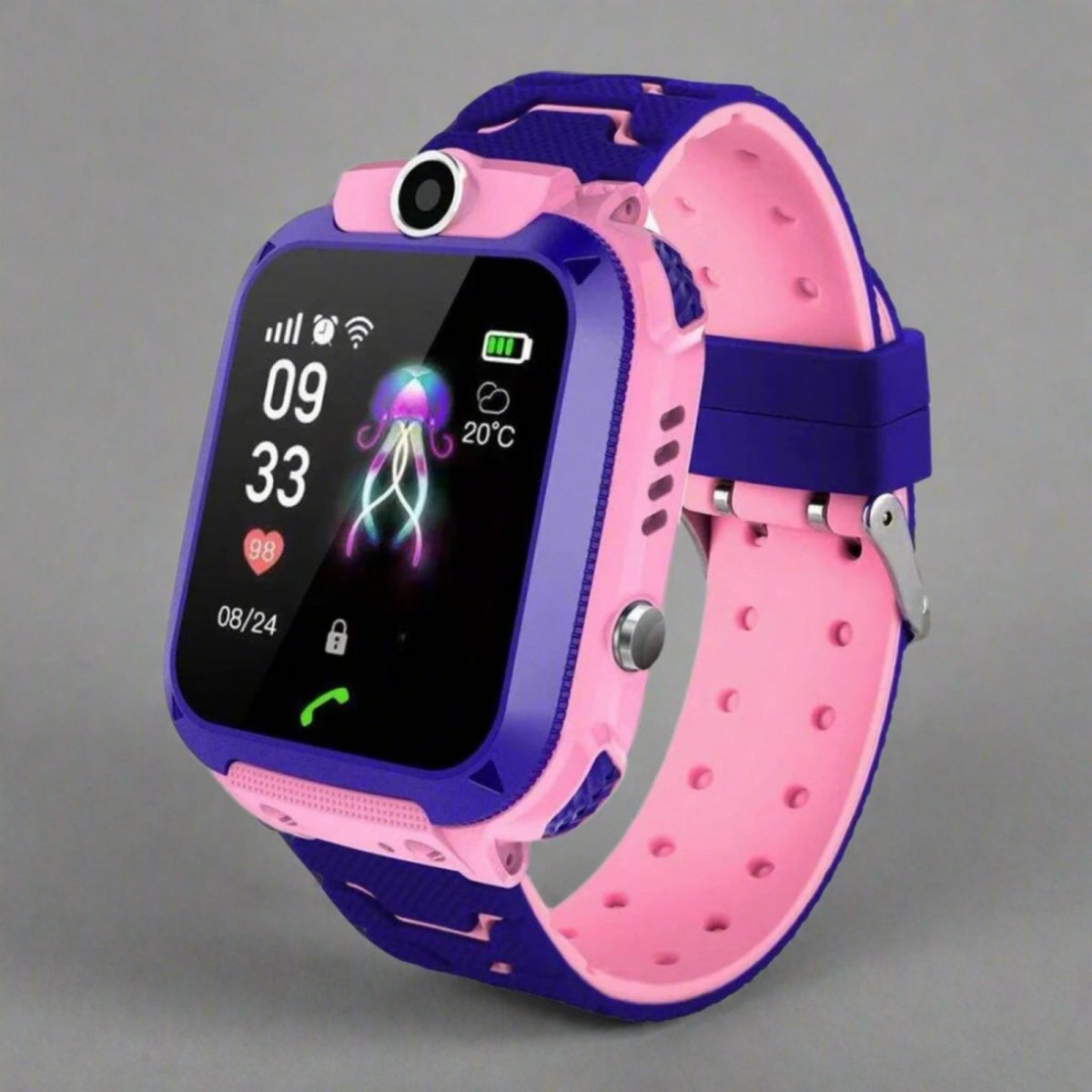 Smartwatch with pink and purple band on a gray background