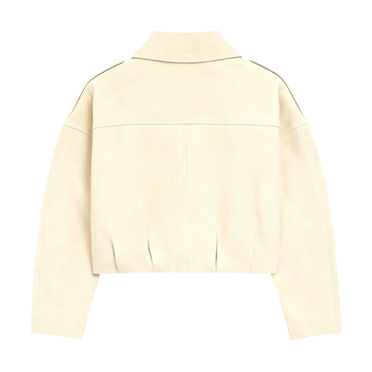 Flatlay of the Kouvr leilani cropped cream suede jacket showing the gold zipper and collar details.
