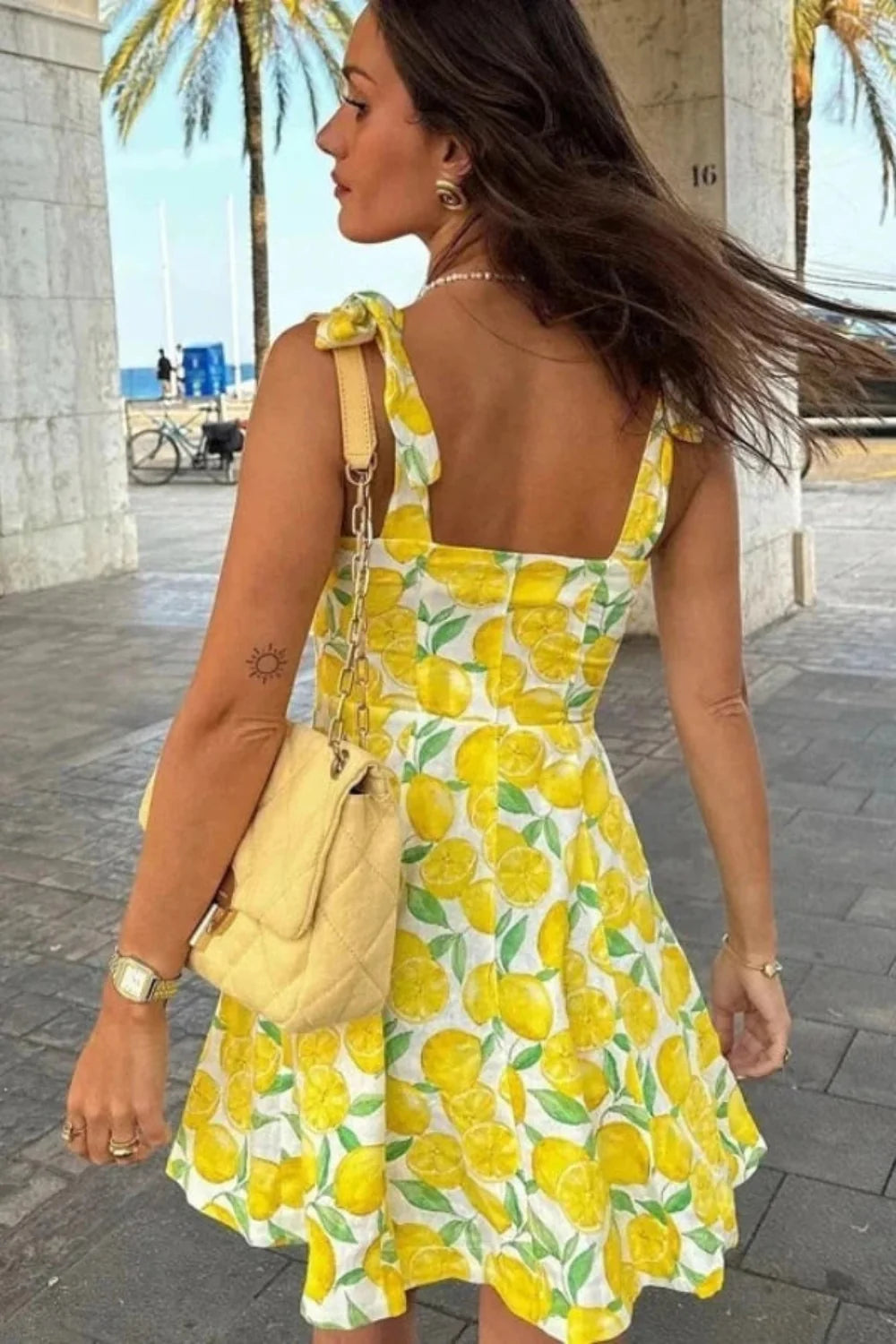 Integrate throughout the description and backend: italian summer dress, amalfi coast style, tie shoulder mini dress, square neck sundress, fit and flare dress, resort wear, vacation dress for women, linen blend dress, brunch dress, bridal shower guest dress