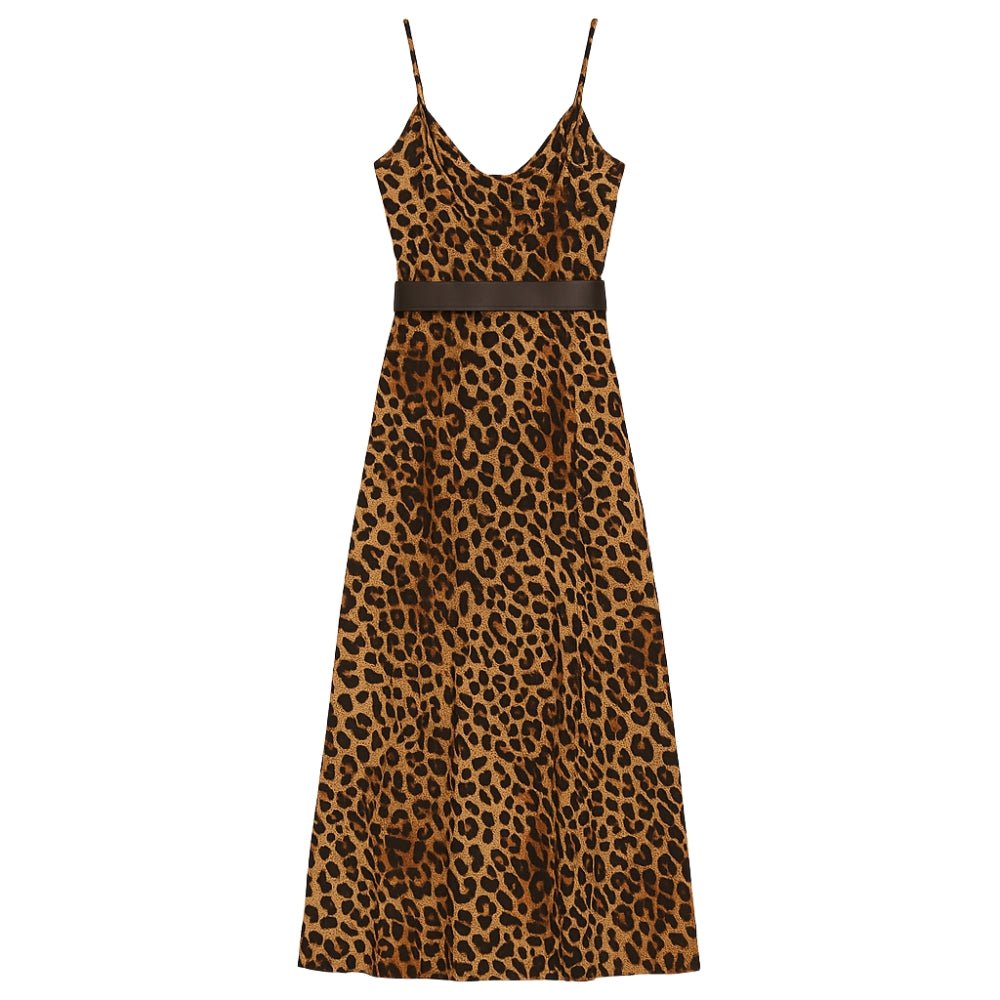 Leopard print Kouvr dress with a brown belt on a white background