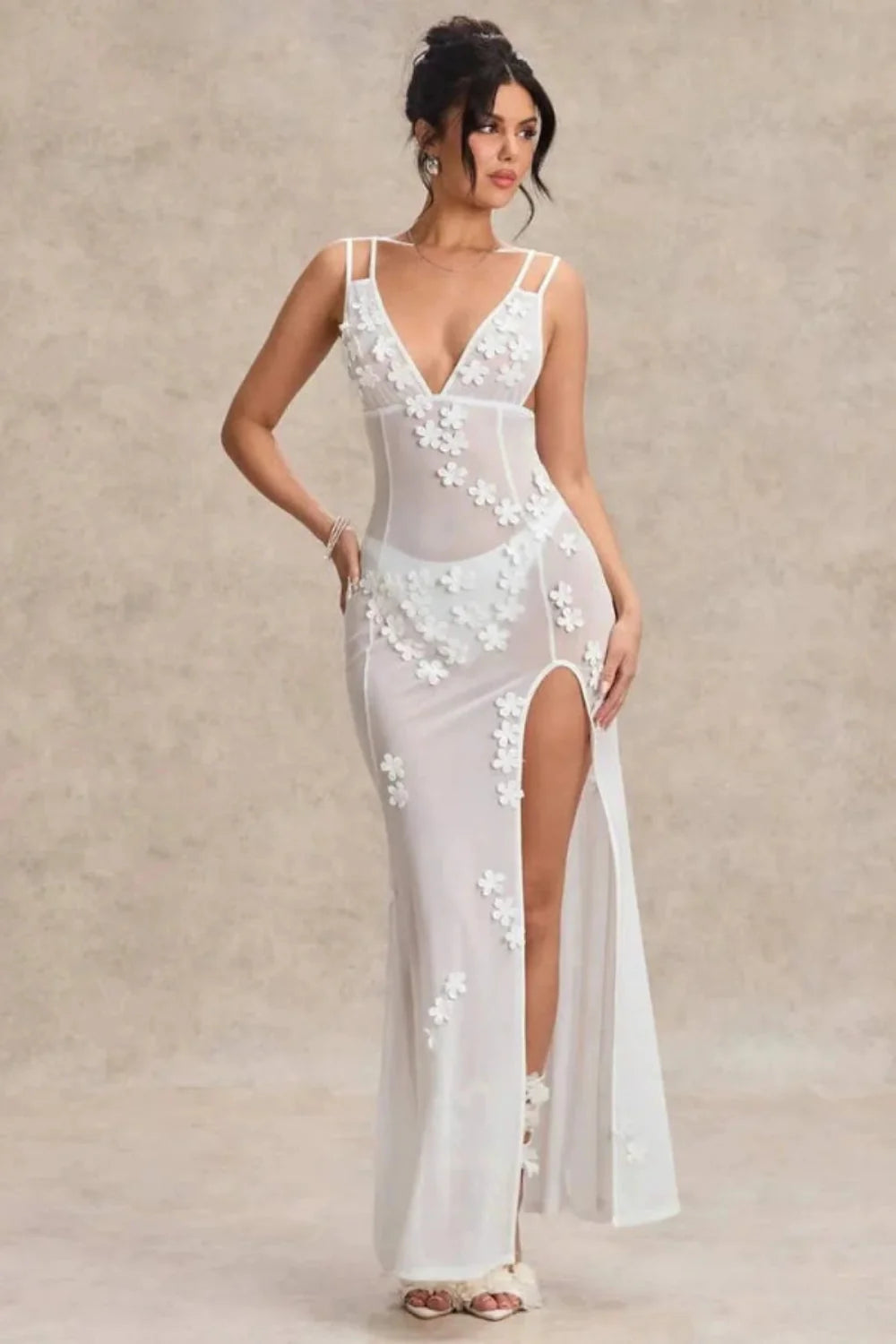 Kouvr Fashion Lila sheer white maxi dress with 3D floral appliqués and a high thigh slit