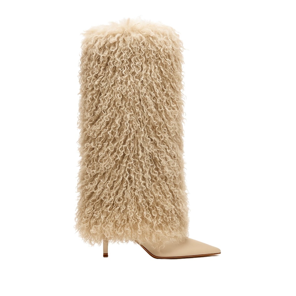 Beige furry high-heeled boot on a white background