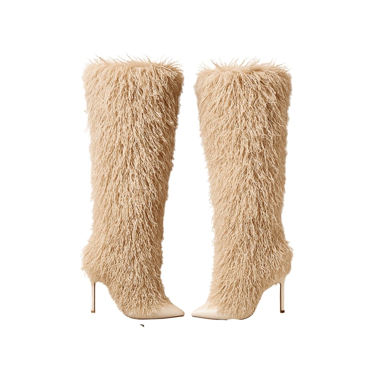 Beige fluffy knee-high boots with high heels on a white background