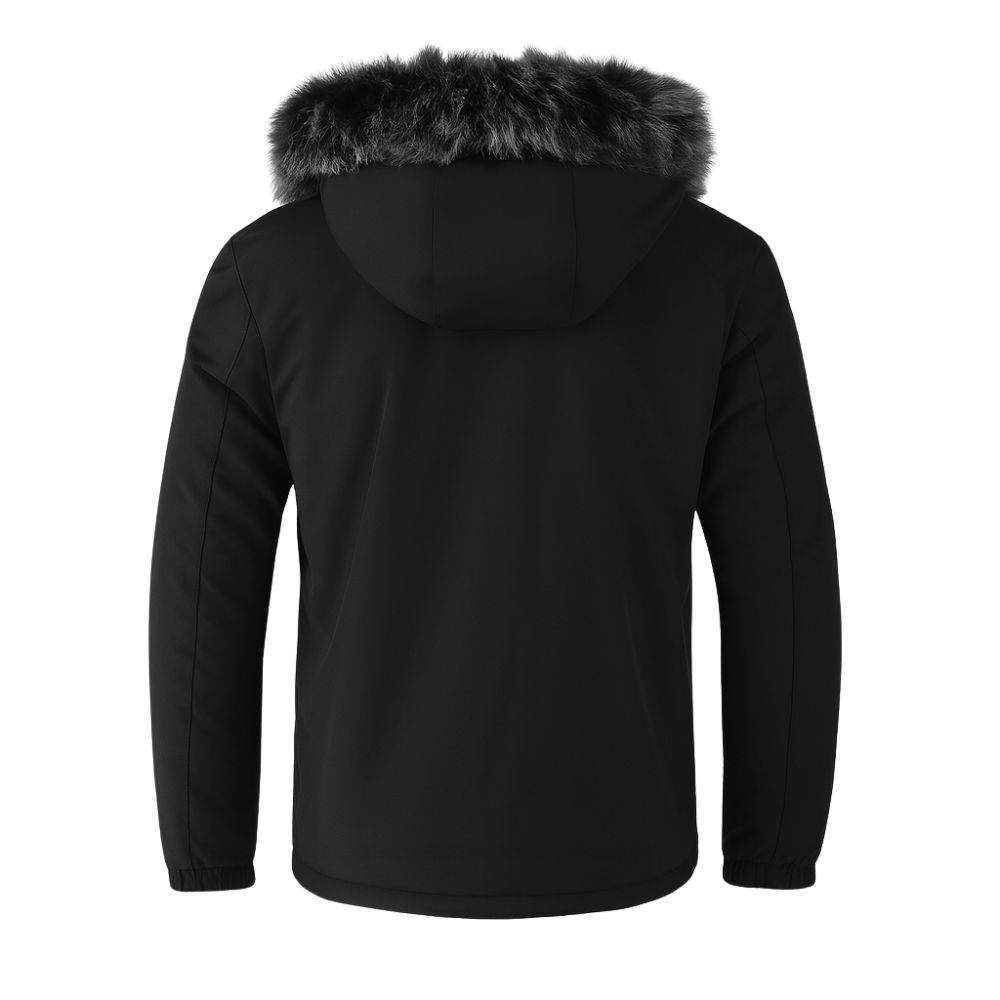 Black kouvr jacket with fur hood on a white background
