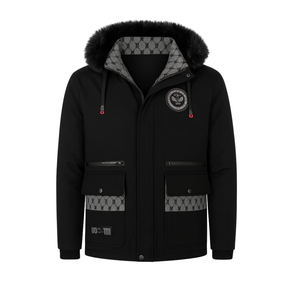 Black kouvr winter jacket with fur hood and patterned accents on a white background