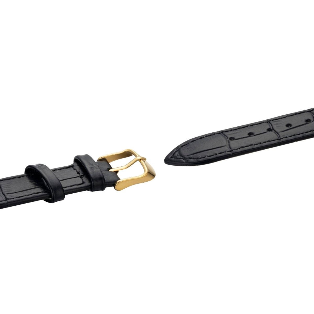 Black kouvr watch strap with gold buckle on a white background