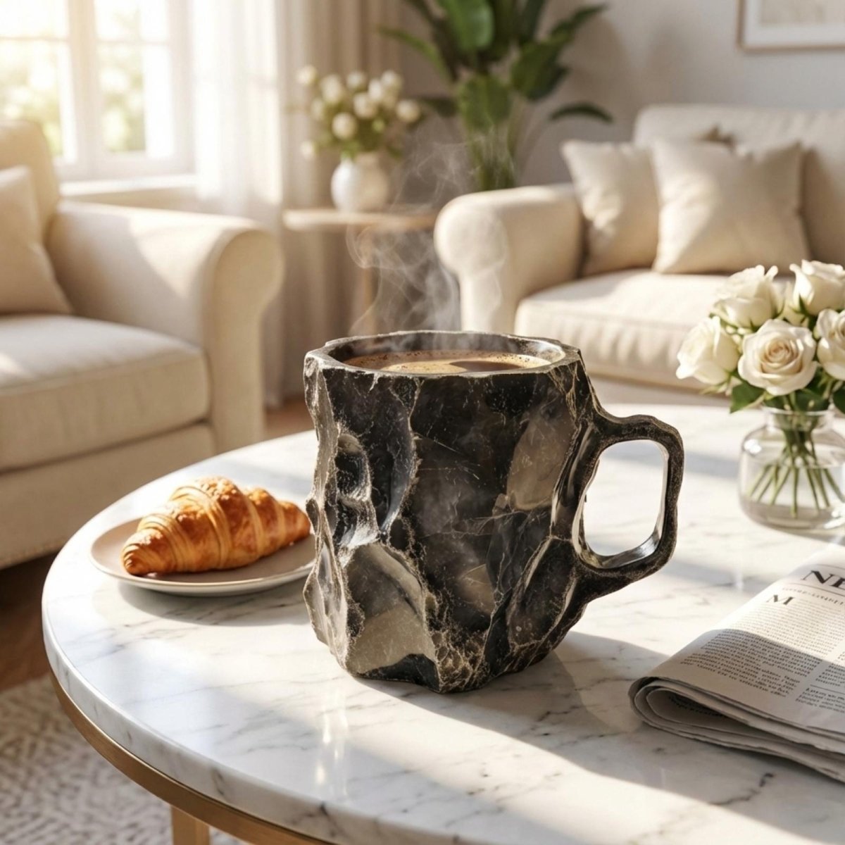 A steaming black stone-textured artisan coffee mug on a white marble coffee table next to a croissant in a bright, modern living room.