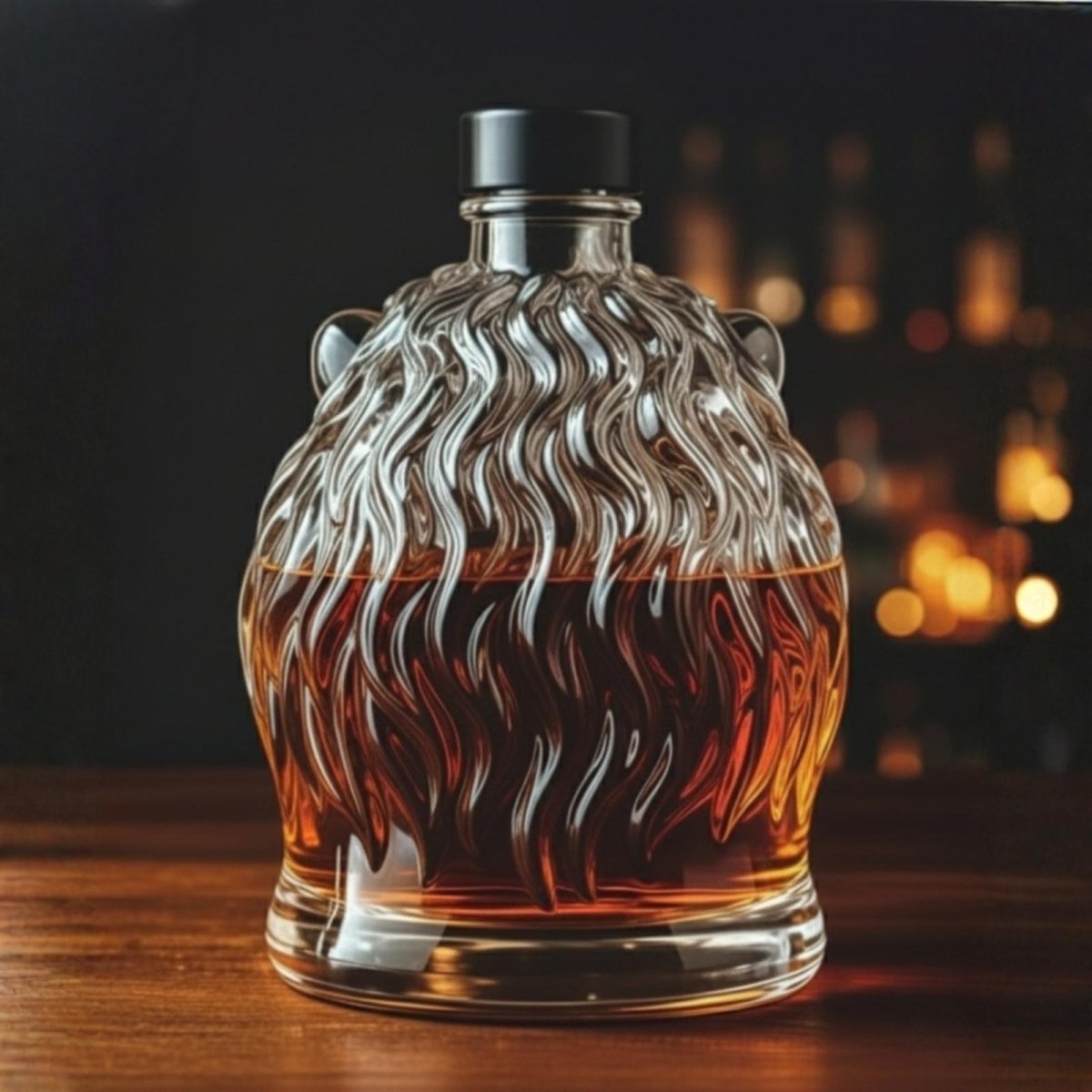Back view of the Kouvr lion head decanter showcasing the flowing, sculpted crystal mane, with a soft-focus bar background.