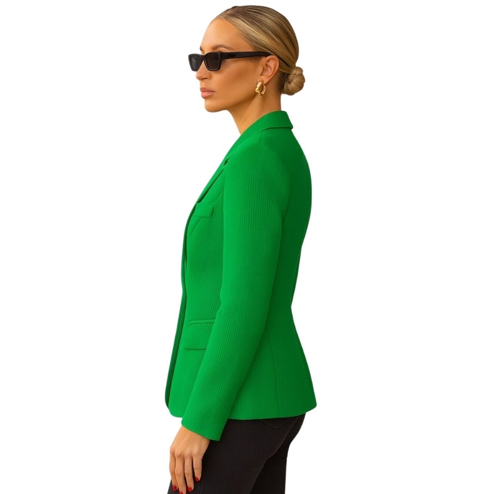 Model wearing the Kouvr Maureen Textured Weave Blazer in green,