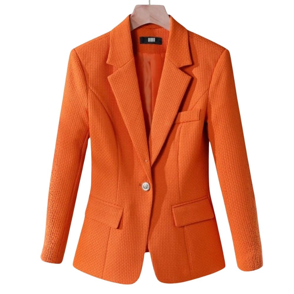 Model wearing the Kouvr Maureen Textured Weave Blazer in green,