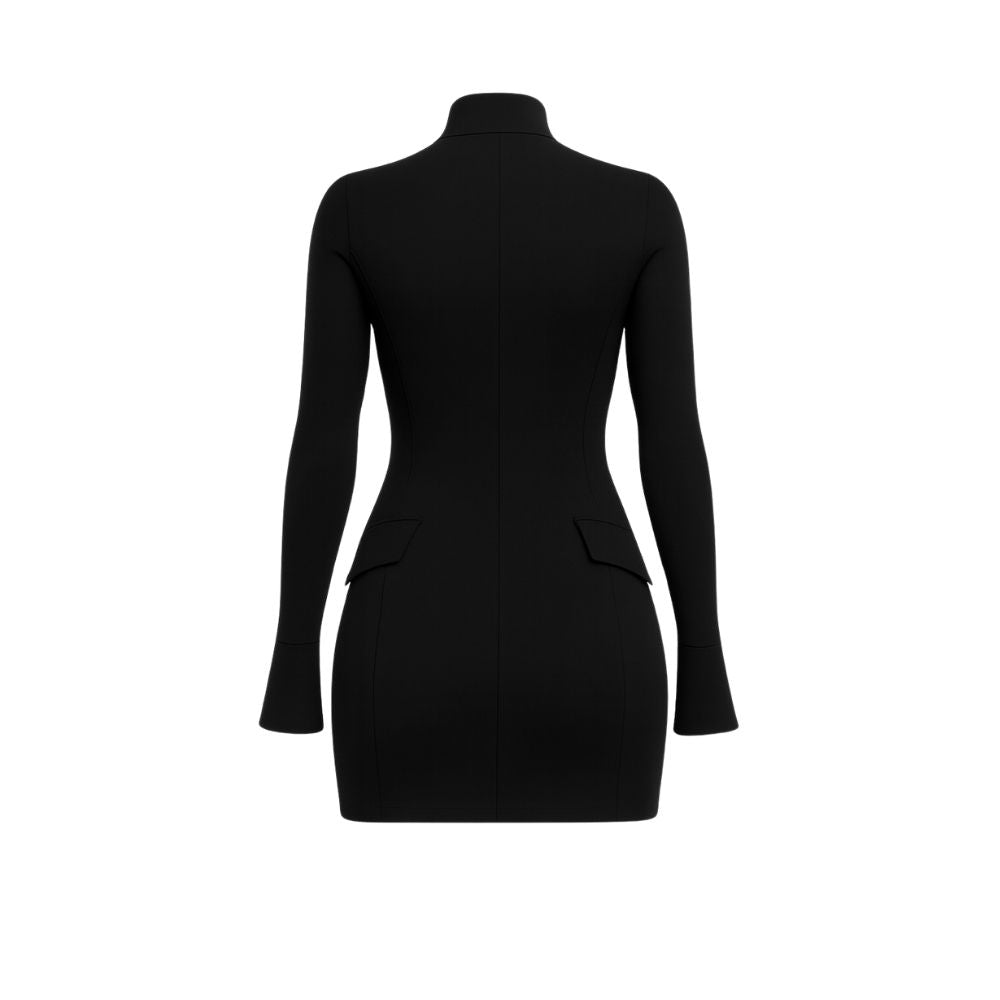 sculptural silhouette," "minimalist evening wear," "power dress," "flared cuff dress," and "mock neck bodycon dress