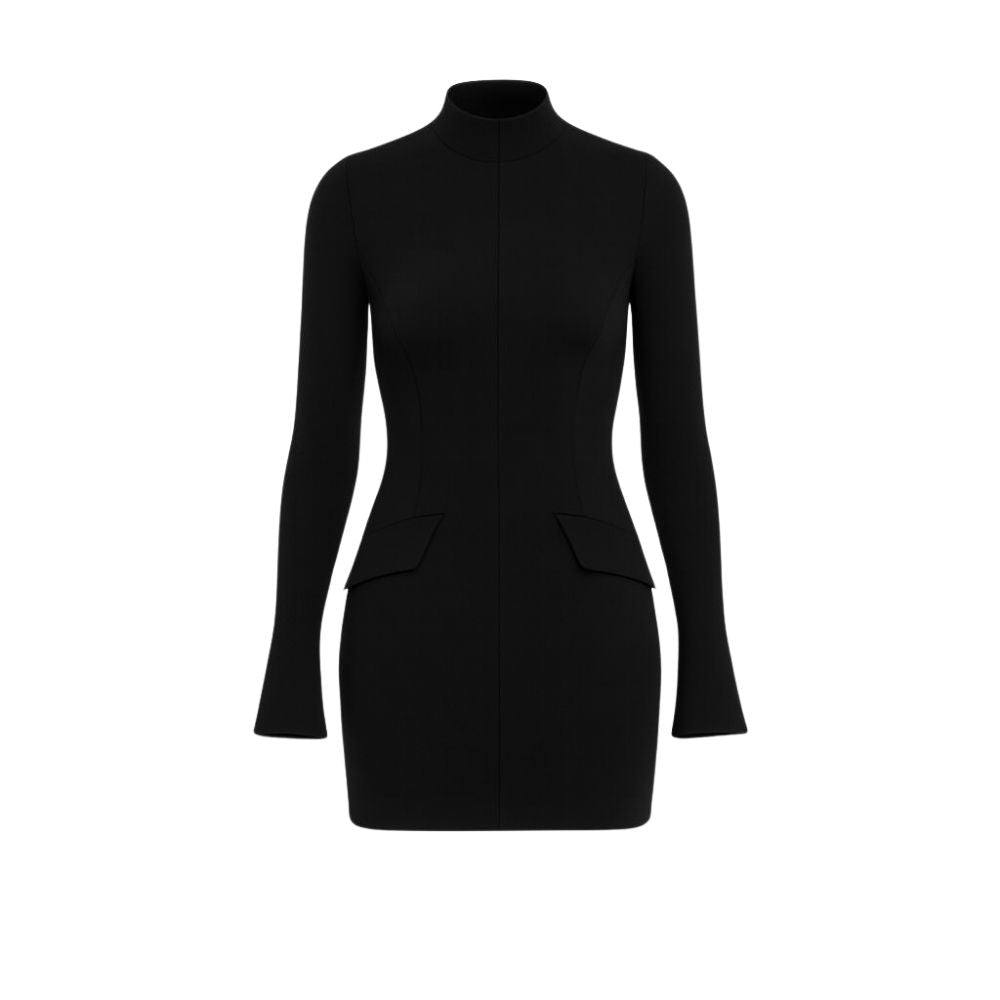 sculptural silhouette," "minimalist evening wear," "power dress," "flared cuff dress," and "mock neck bodycon dress