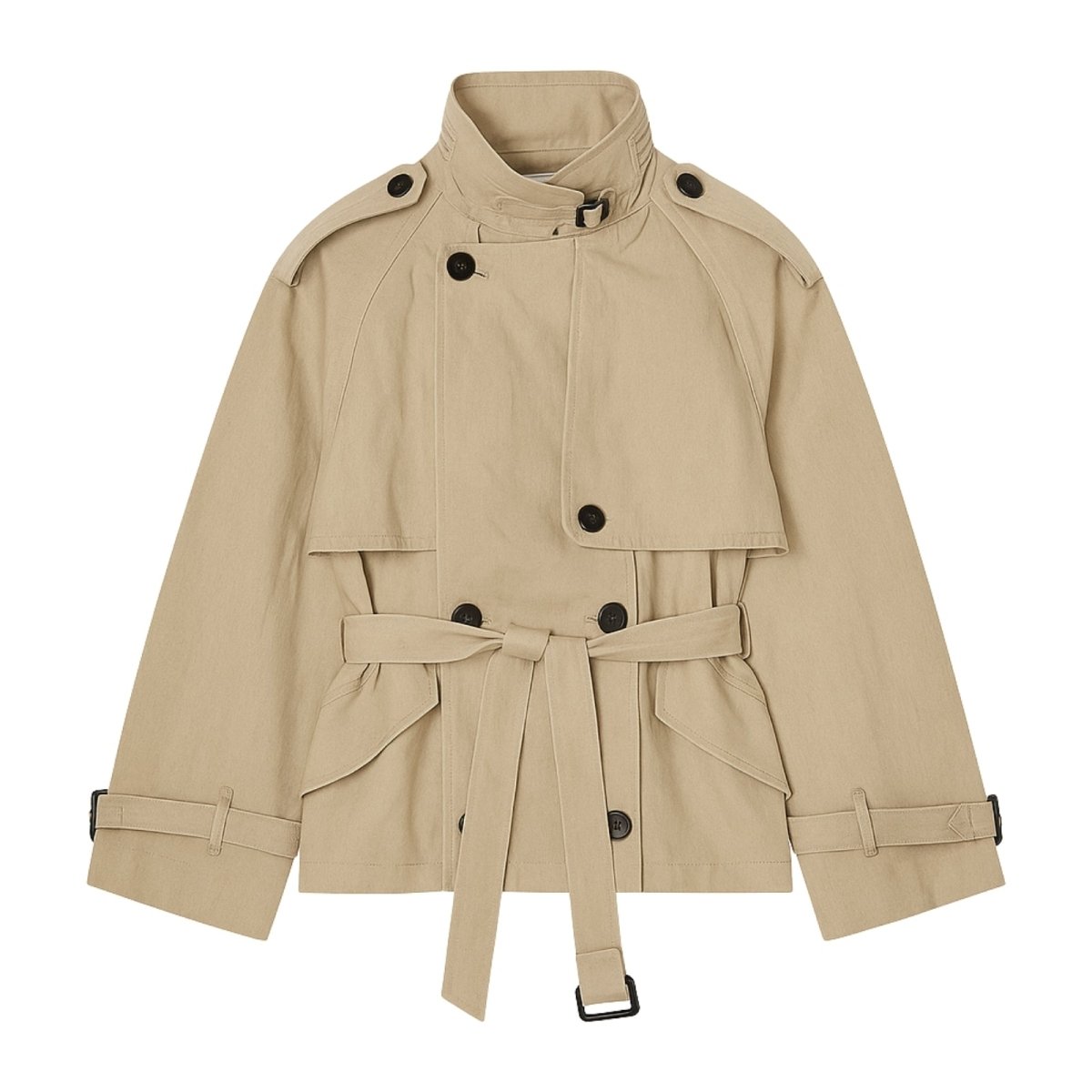 Beige Kouvr trench coat with black buttons on a white background