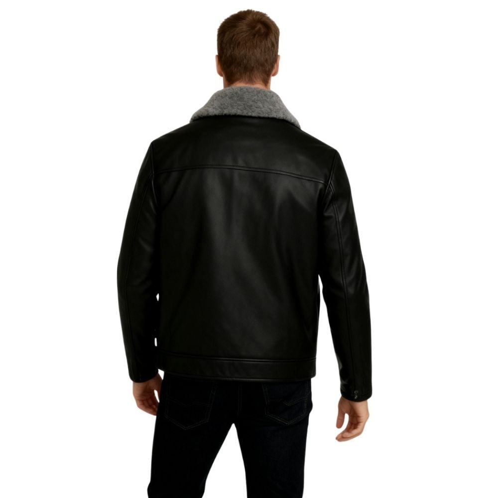 Model wearing the Kouvr Fashion black lambskin leather jacket with grey shearling collar