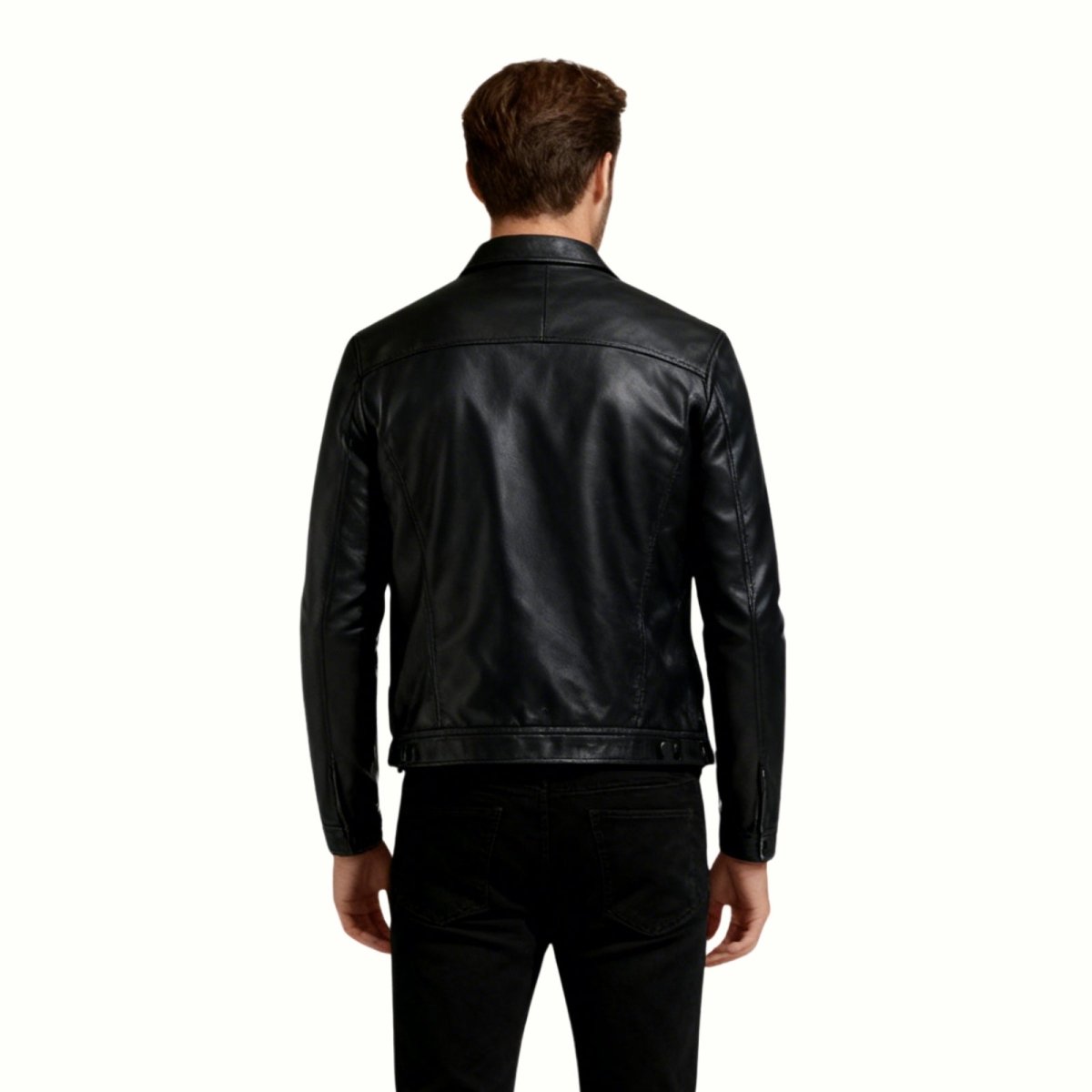 Back view of the Kouvr men's black leather jacket, showing the clean yoke and panel construction.