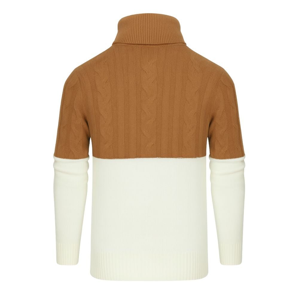Brown and white kouvr sweater with cable knit pattern on a white background