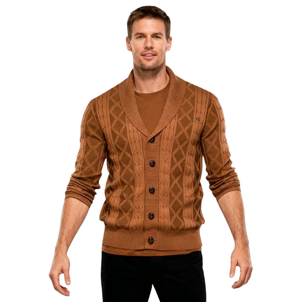 Man wearing a brown kouvr patterned cardigan on a white background