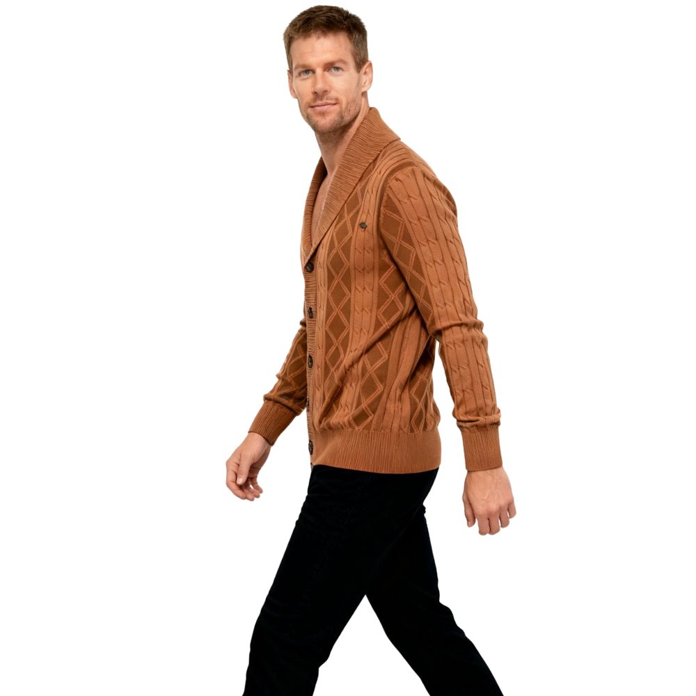 Man wearing a brown kouvr knitted cardigan on a white background