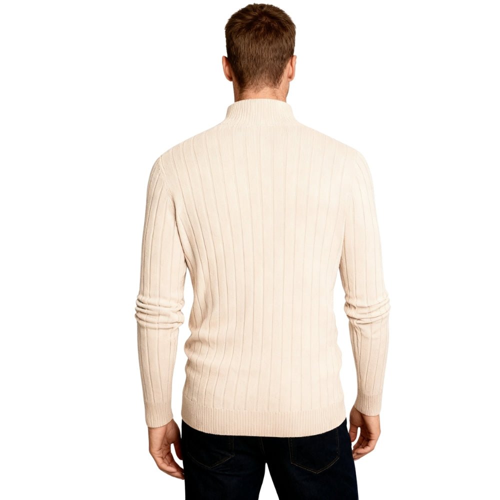 half-zip jumper, luxury knitwear, beige sweater for men, ribbed knit pullover, smart casual sweater.