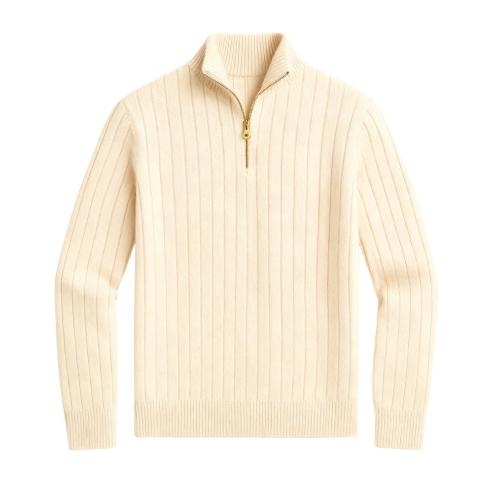half-zip jumper, luxury knitwear, beige sweater for men, ribbed knit pullover, smart casual sweater.